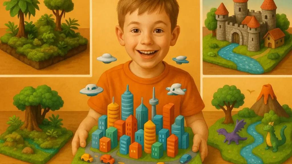 Un collage vivace che mostra diversi tipi di plastici scolastici a tema paesaggio
