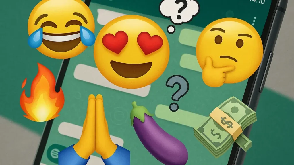 Un mosaico di varie emoticon di WhatsApp su uno sfondo sfocato di una schermata di chat