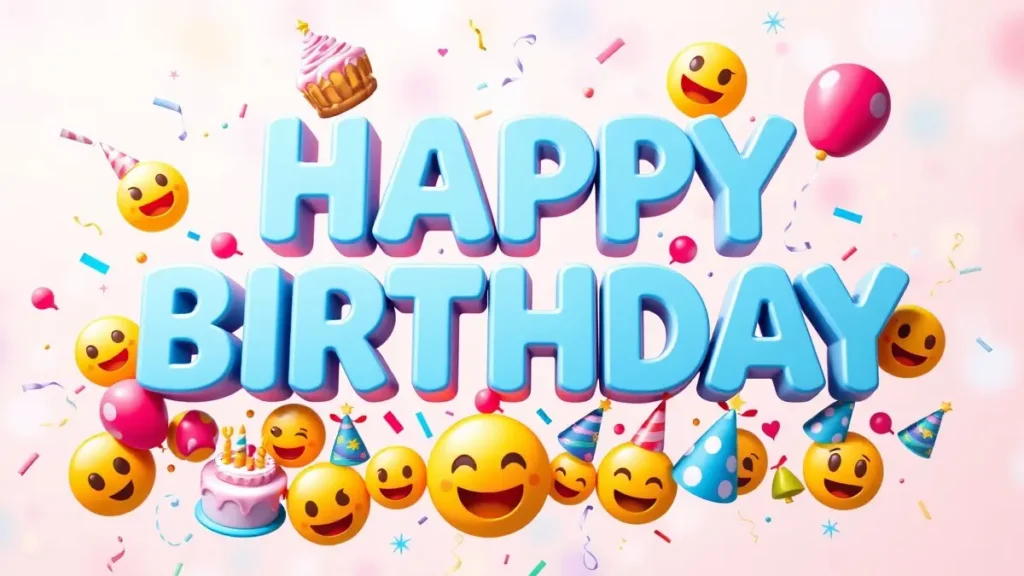 Una collezione di emoticon di compleanno come torta, palloncini, cappelli da festa e coriandoli