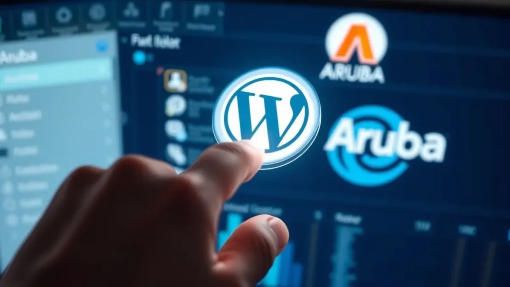 Una mano che clicca su un pulsante virtuale con il logo di WordPress