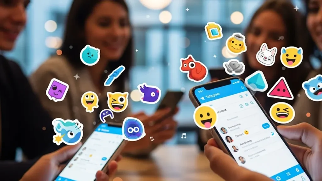 Una scena vivace e moderna che mostra un gruppo di amici che si scambiano messaggi su uno smartphone