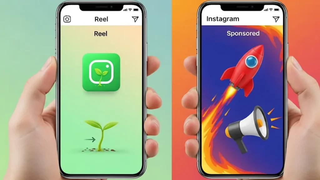 uno smartphone mostra un Reel di Instagram con un icona di una piantina che cresce