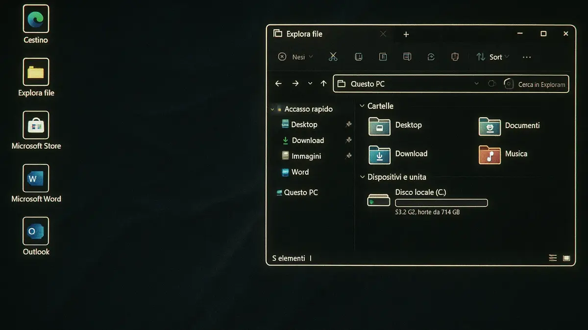 Screenshot creativo di Windows 11 con personalizzazioni attive