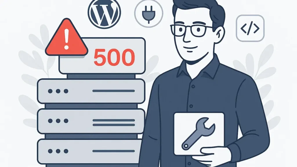 Un tecnico analizza un grafico su uno schermo olografico per risolvere errore 500 server di WordPress