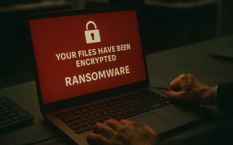 Computer infetto da ransomware con messaggio