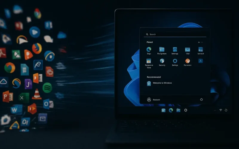 Schermata pulita di Windows 11 con icone minime e sfondo scuro