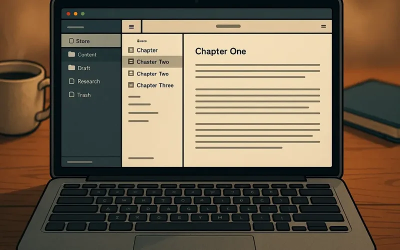 Scrittore al computer con schermata Scrivener che mostra un manoscritto
