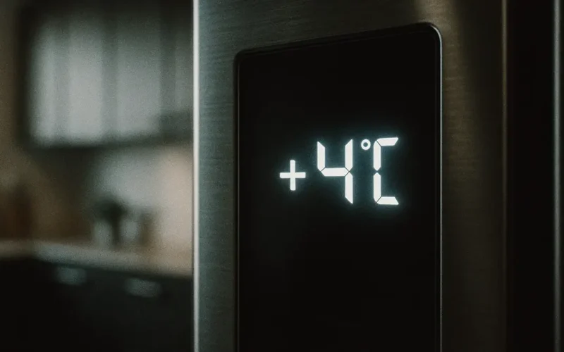 Display digitale di un frigorifero con temperatura impostata a 4 gradi